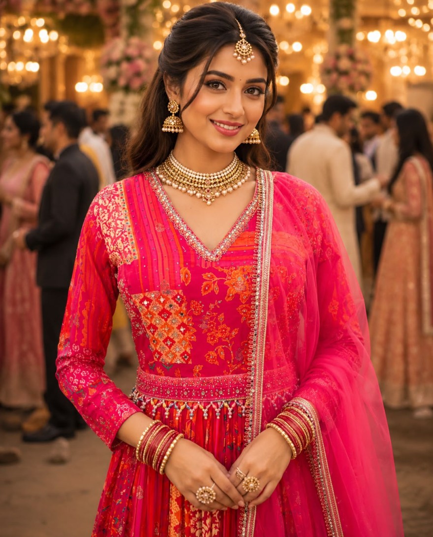 PINK - Pink Viscose Designer Gown with Embroidered and Print Work